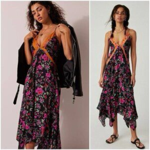 Free People Dresses & Skirts - Free People Black Floral Asymmetrical Midi Dress Open Back Strappy Boho Size S